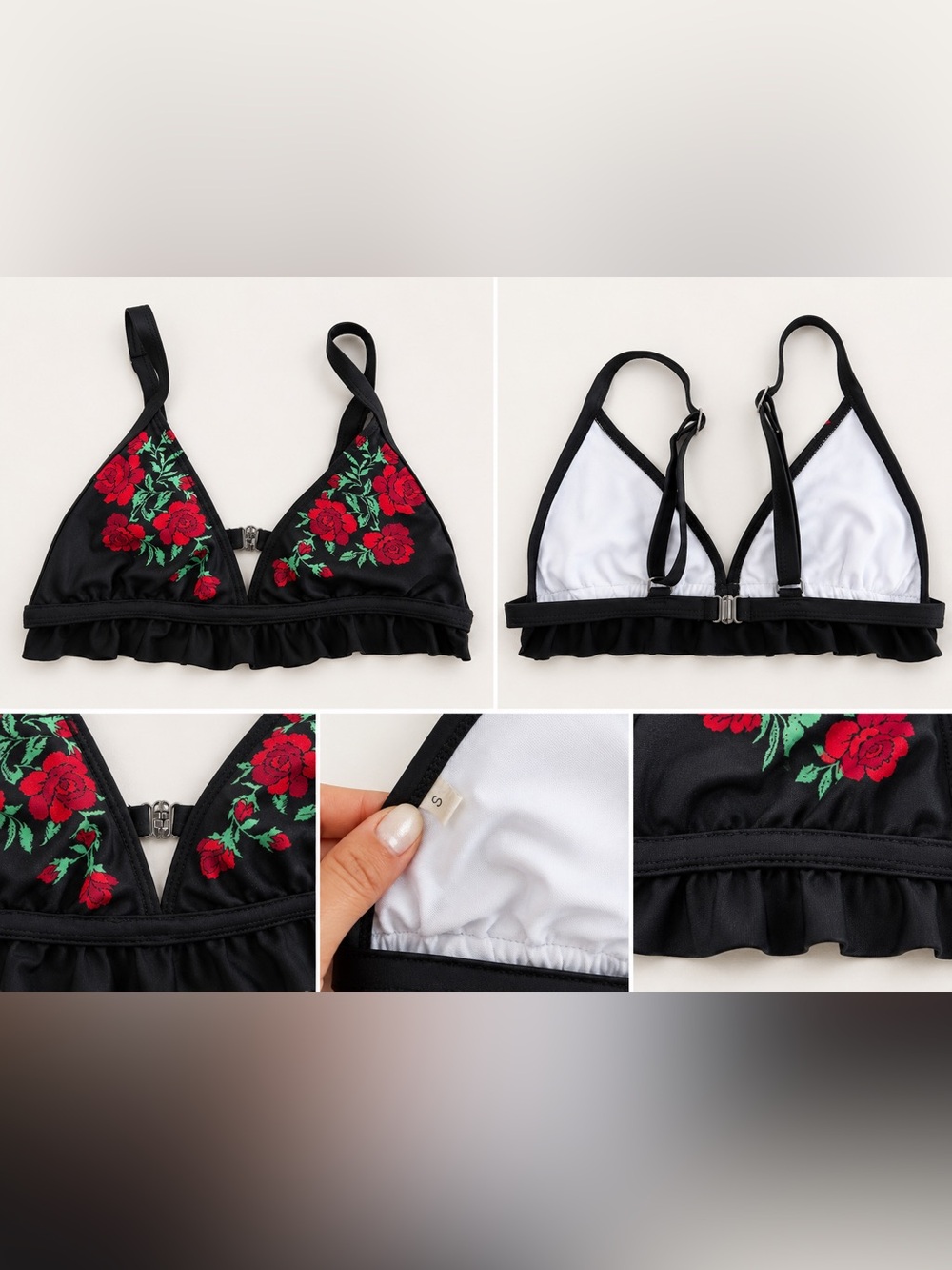 CUPSHE Black Floral Ruffle Bikini Top – Size Small - Picture 1 of 1